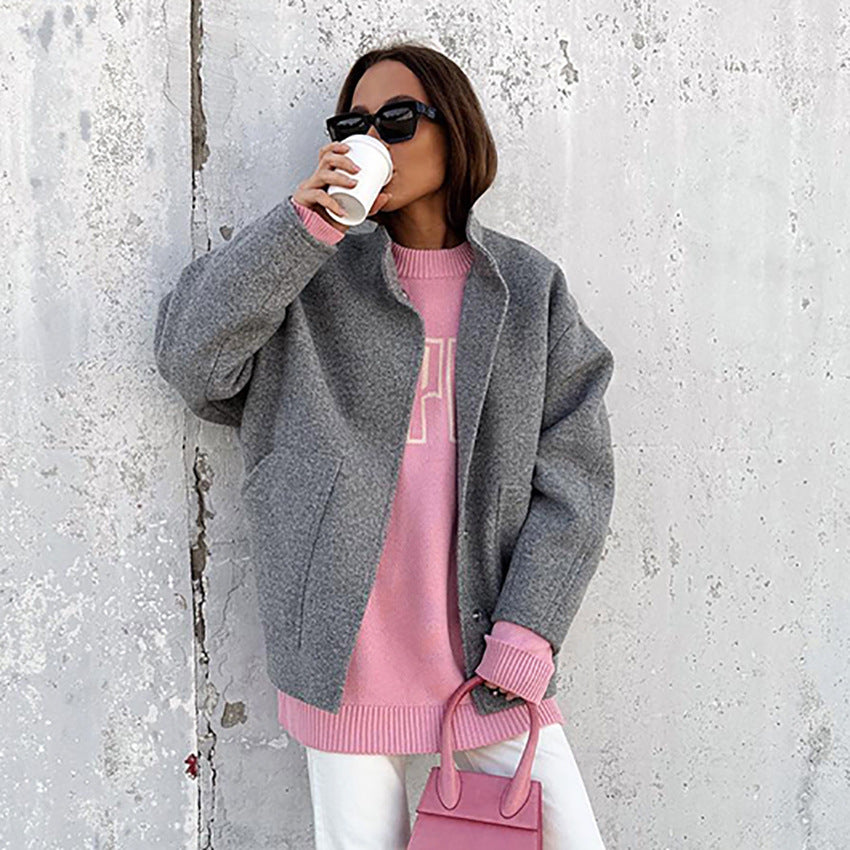 Women's Loose Street Gray Woolen Winter Fashion Mid-length Coats