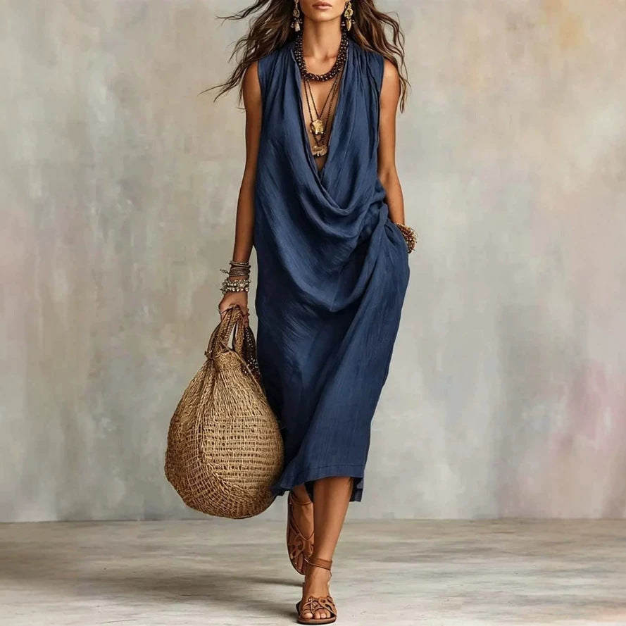Women's Casual Sleeve Loose Swing Collar Cotton Dress