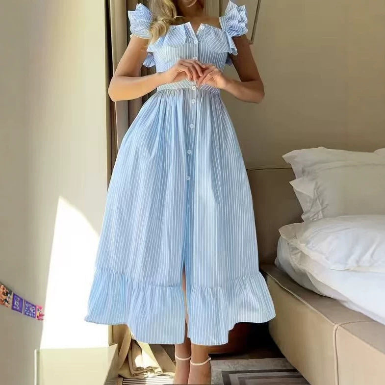 Flying Sleeves Striped Ruffled Long Summer Casual Dress
