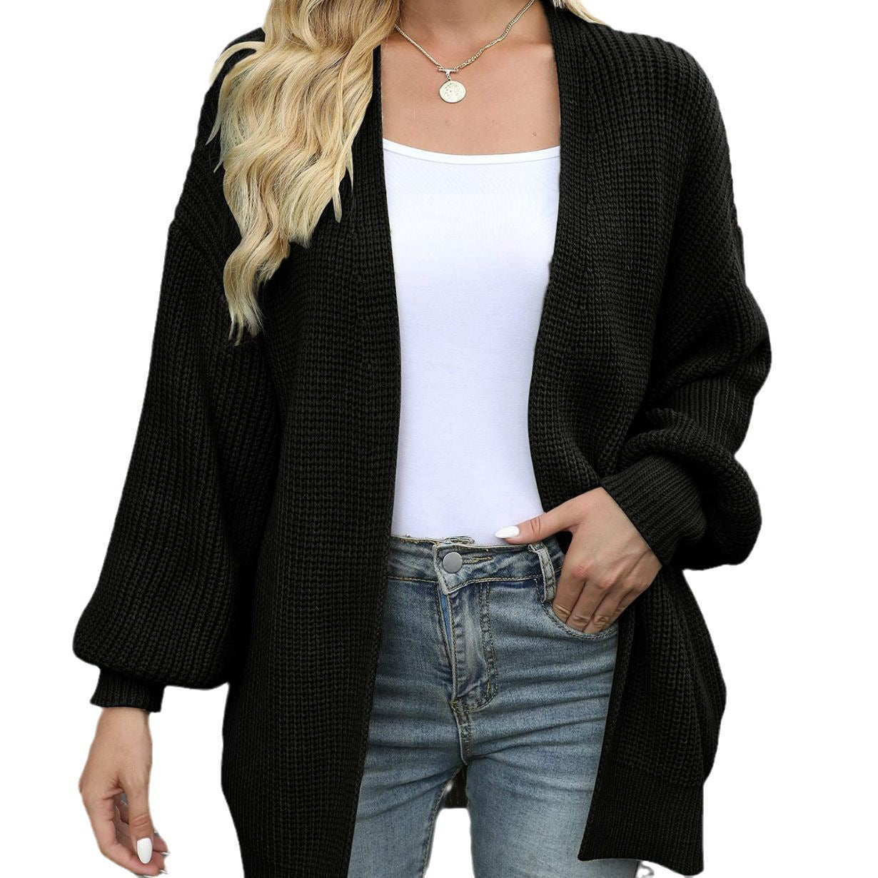 Women's Lantern Sleeve Coarse Yarn Pocket Knitted Women's Sweater