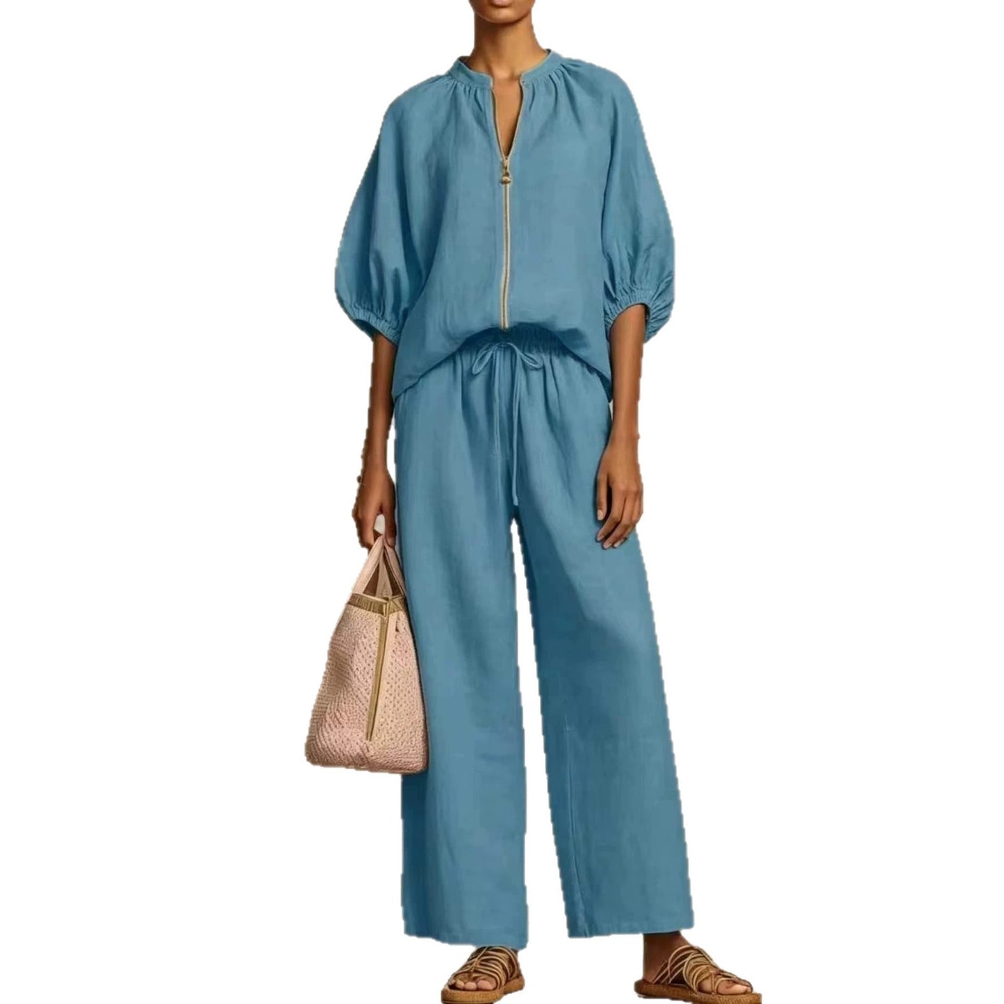 Loose Vacation Style Zipped Round Neck Wide Suits