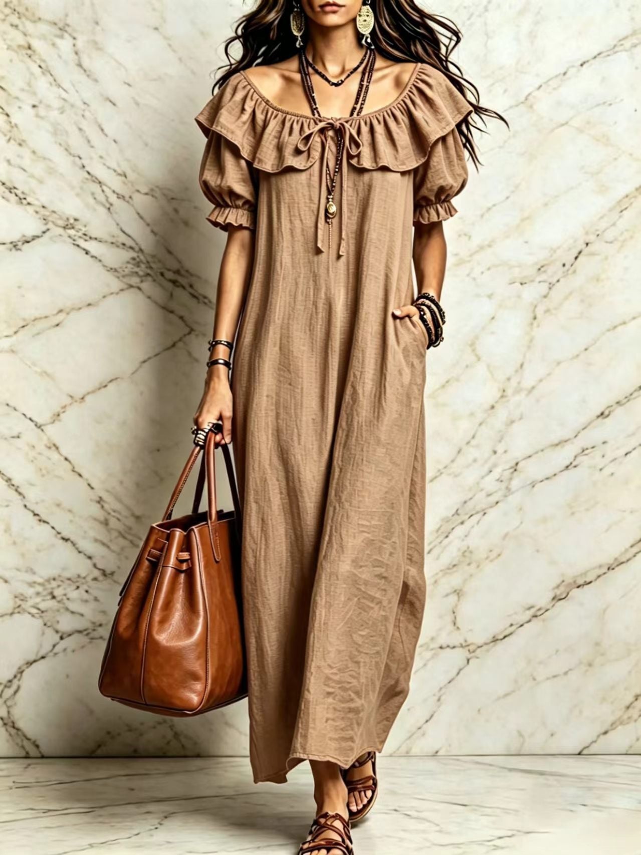 Loose Round Neck Ruffled Leisure Temperament Seaside Dress