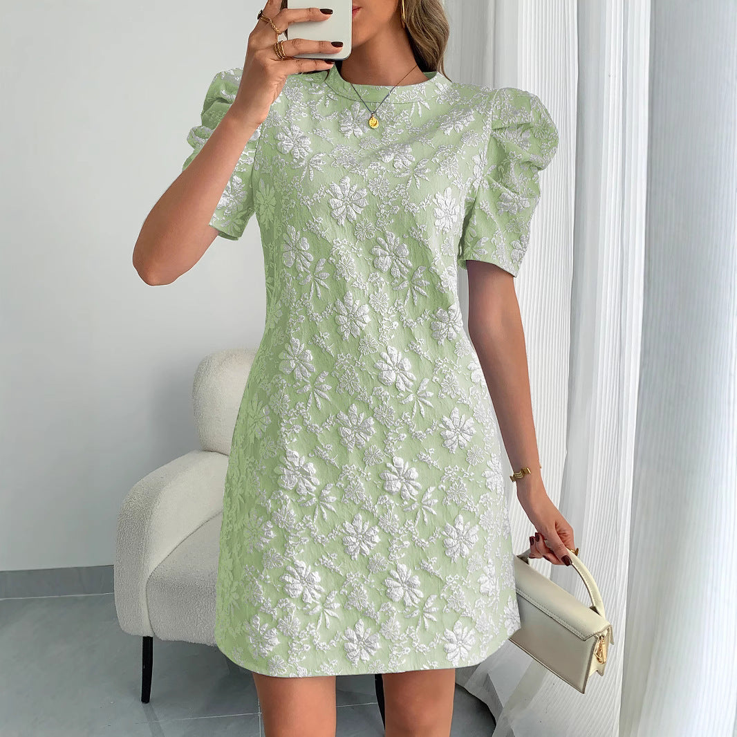 Women's Casual Puff Sleeve Textured Jacquard Dress