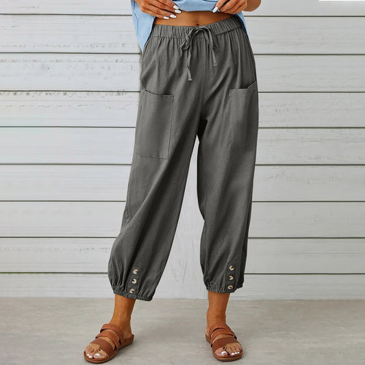 Women's High Waist Button Cotton Linen Trousers Pants