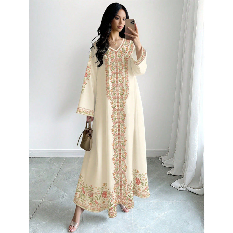 Ladies Plant Flower Fashion Temperament Printed Casual Loose Flared Dress