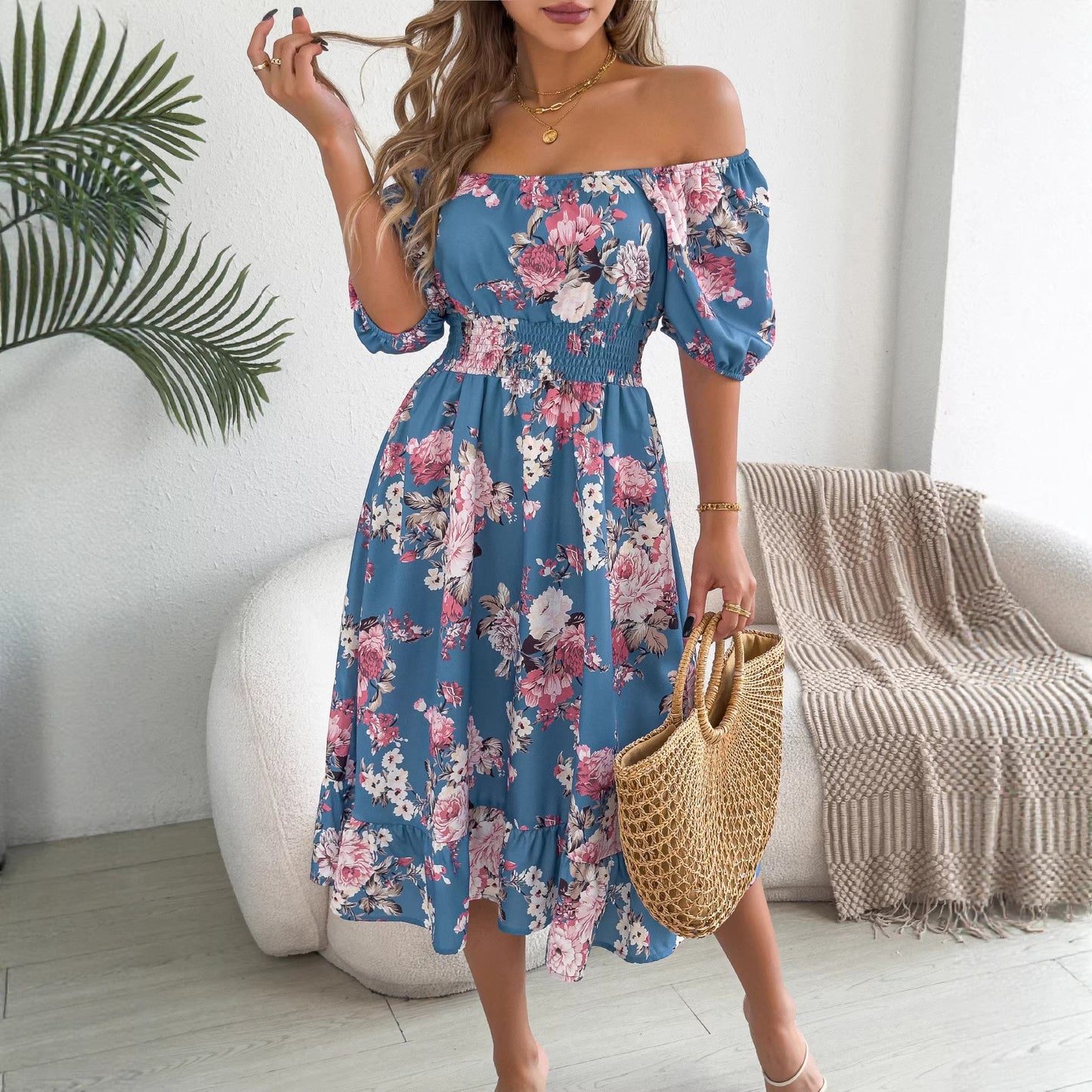 Women's Flower Sleeve Ruffled A- Line Holiday Dress