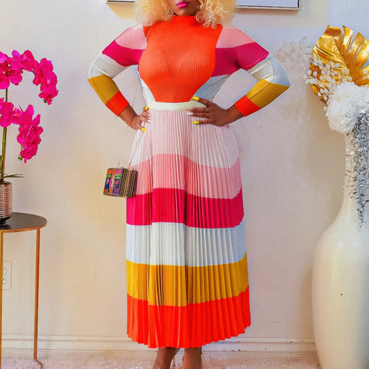 Pleated Print Contrast Color Long Sleeve Two-piece Tops