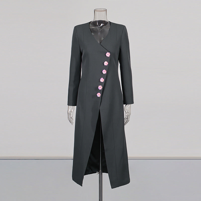 Commute Style Flower Button Stitching Design Solid Color Long Coats