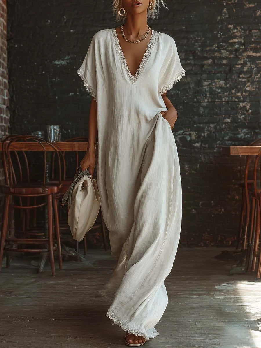 Women's Elegant Comfortable Lace Loose Linen Cotton Dress
