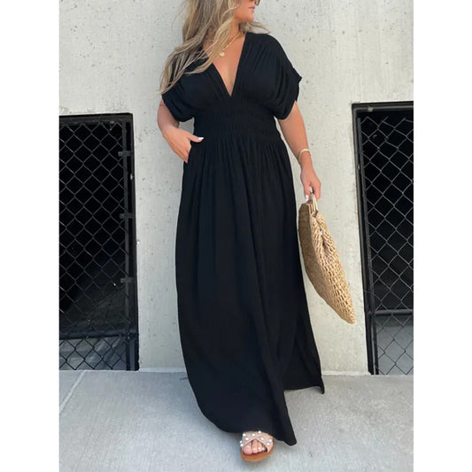 Color Bat Sleeve Elastic Waisted Slimming Dresses