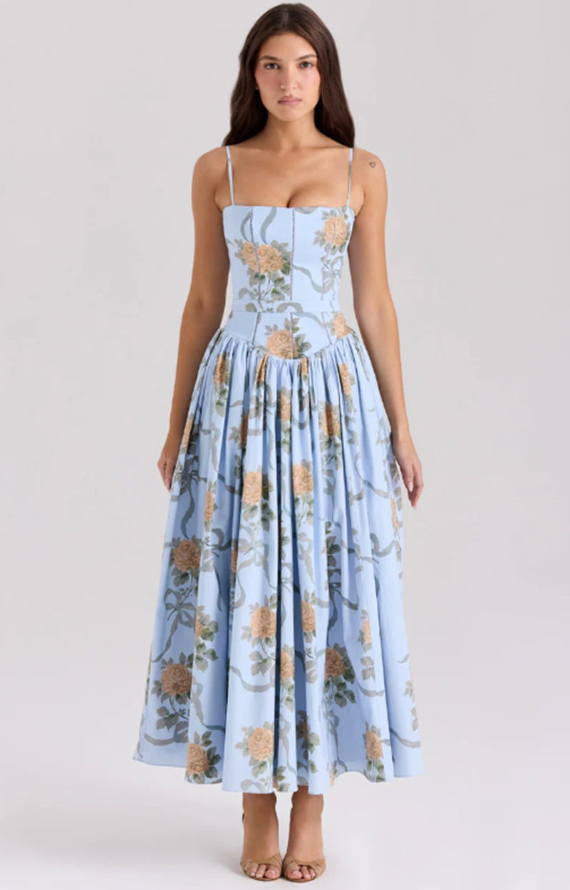Elegant Gentle Slimming Floral Strap Dress Dresses