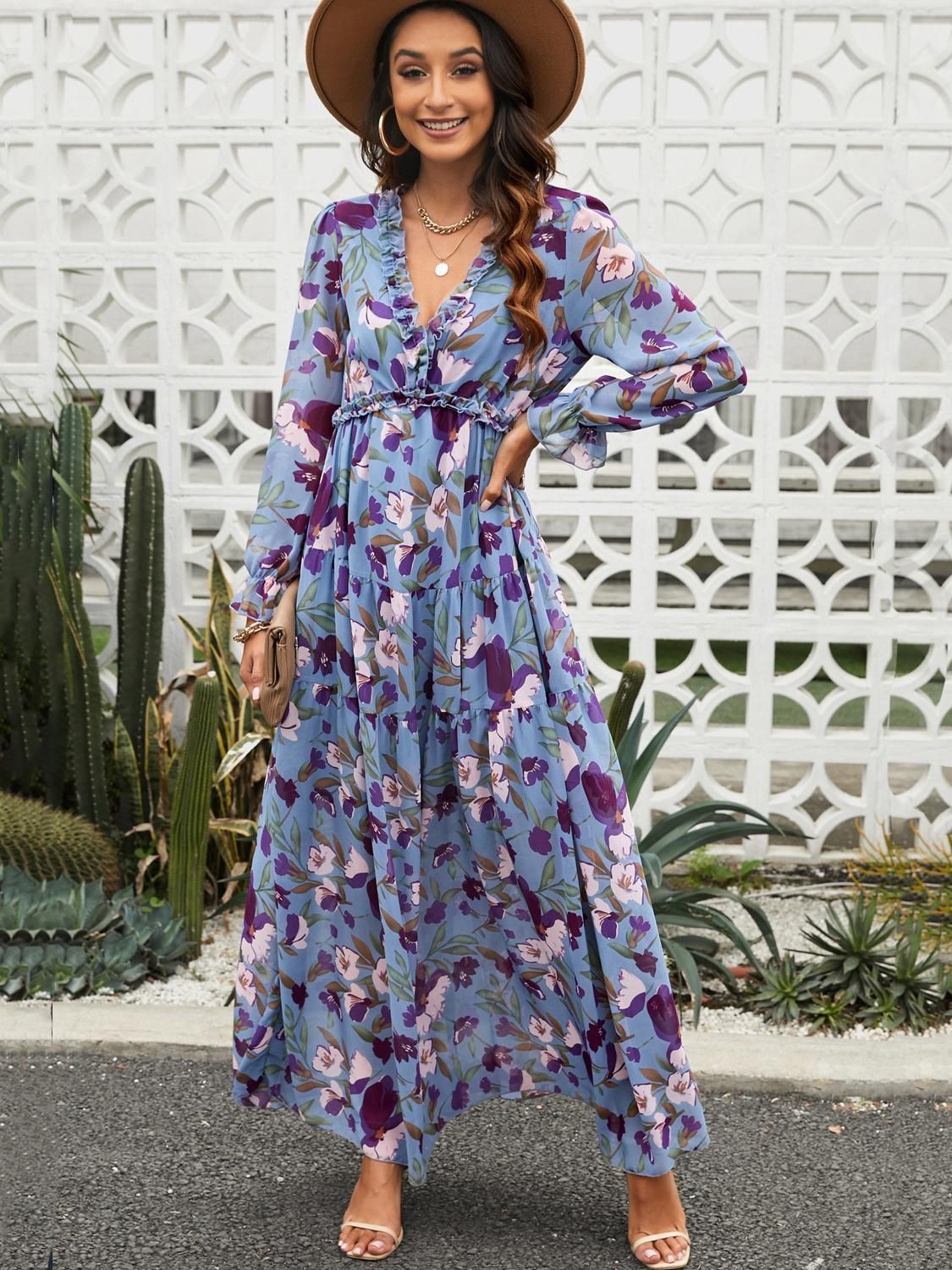 Women's Long Sleeve Fashion Print Fairy Elegant Dresses