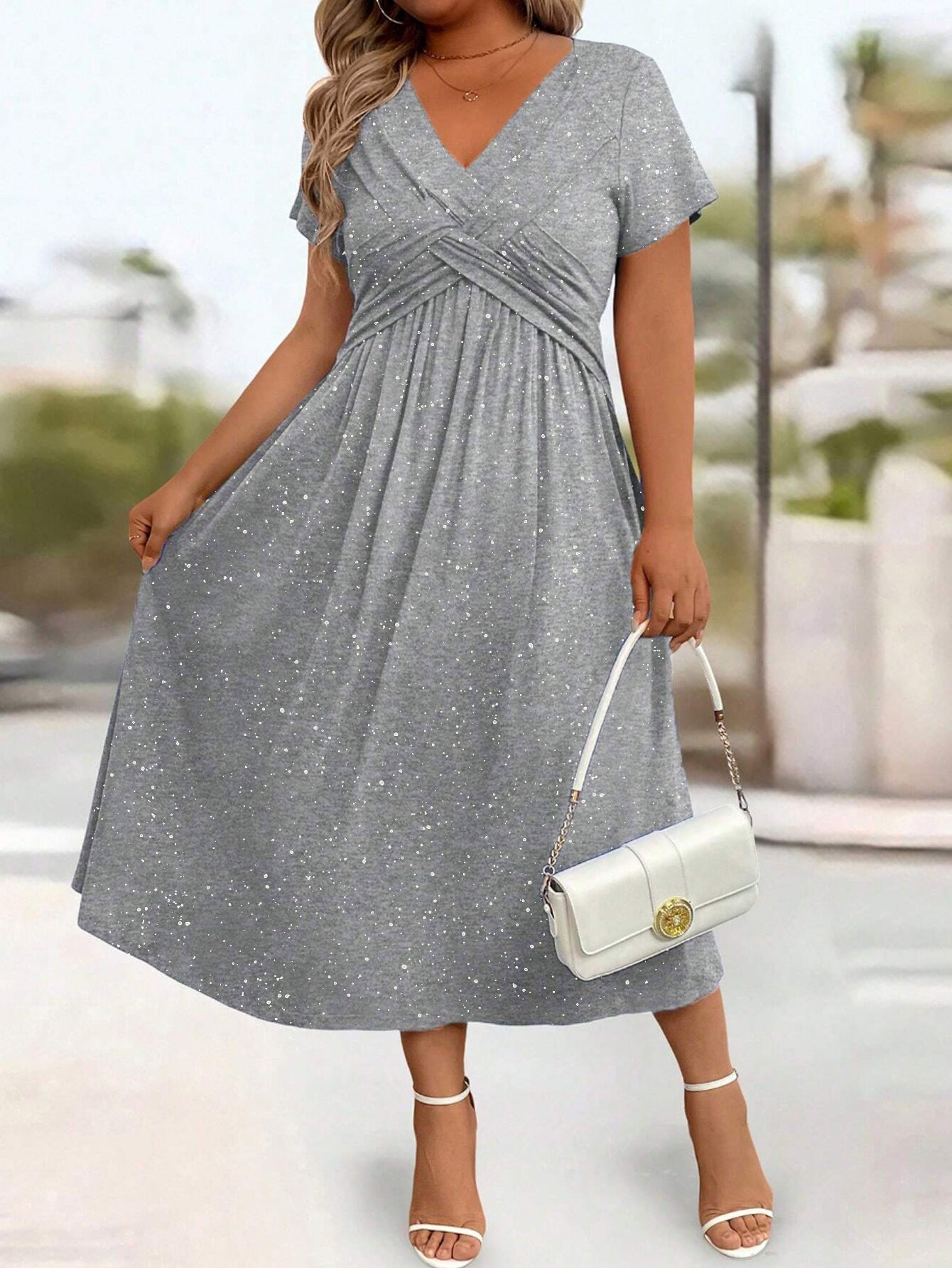 Women's Dusting Powder Shiny Twisted Sleeve With Dress