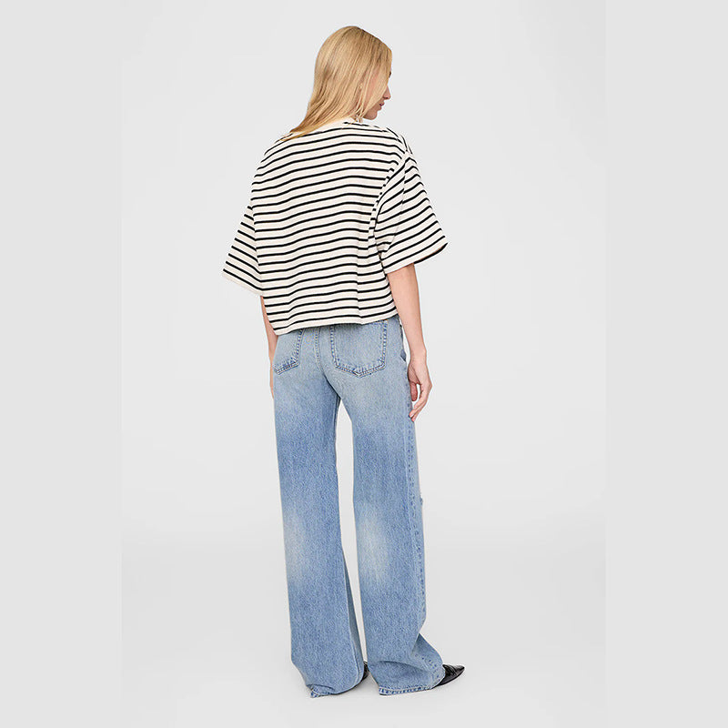 Women's American Niche Front Embroidered Framed Letter Stripes Terry Loose Blouses