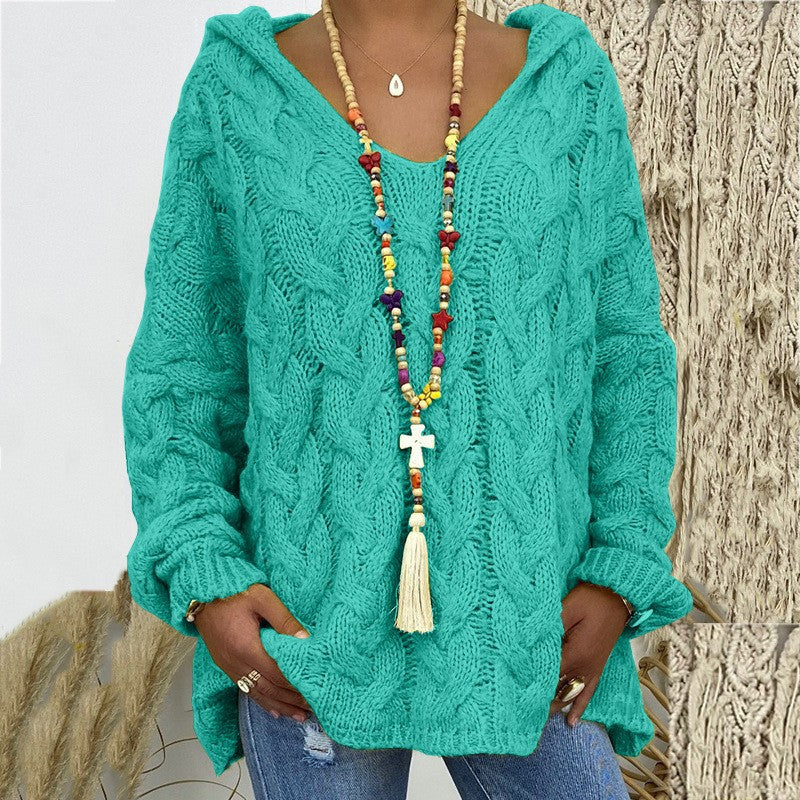 Women's Solid Color Twist Knitted Hoodie Sweater