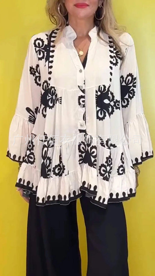 Geometric Pattern Printed Long Sleeve Ruffle Blouses