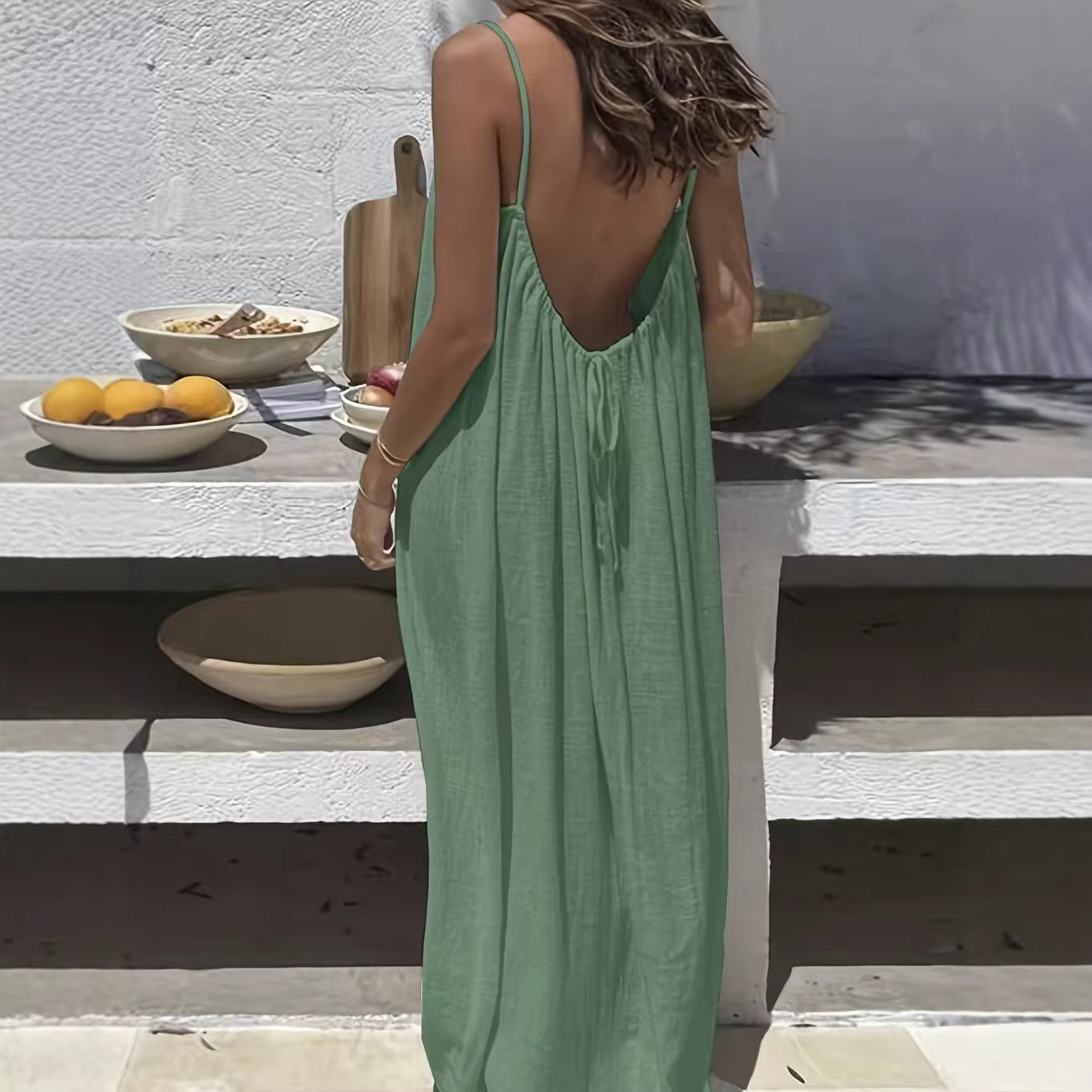 Women's Backless Loose Long Beach Vacation Spaghetti Dress