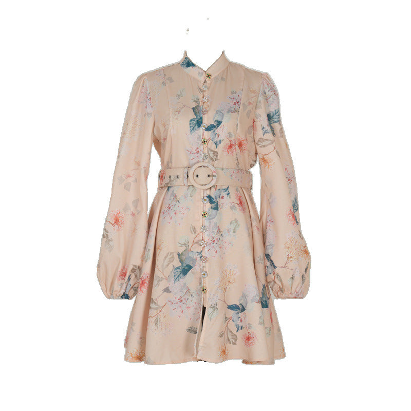 Design High Version Single-breasted Stand-up Collar Puff Sleeve Dresses