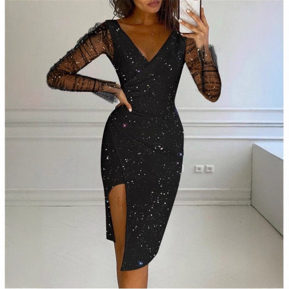 Innovative Women's Rhinestone Hip Sexy Mesh Dress