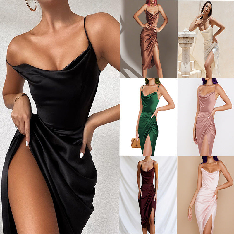 Fashion Sexy Slit Satin Slim Temperament Dress