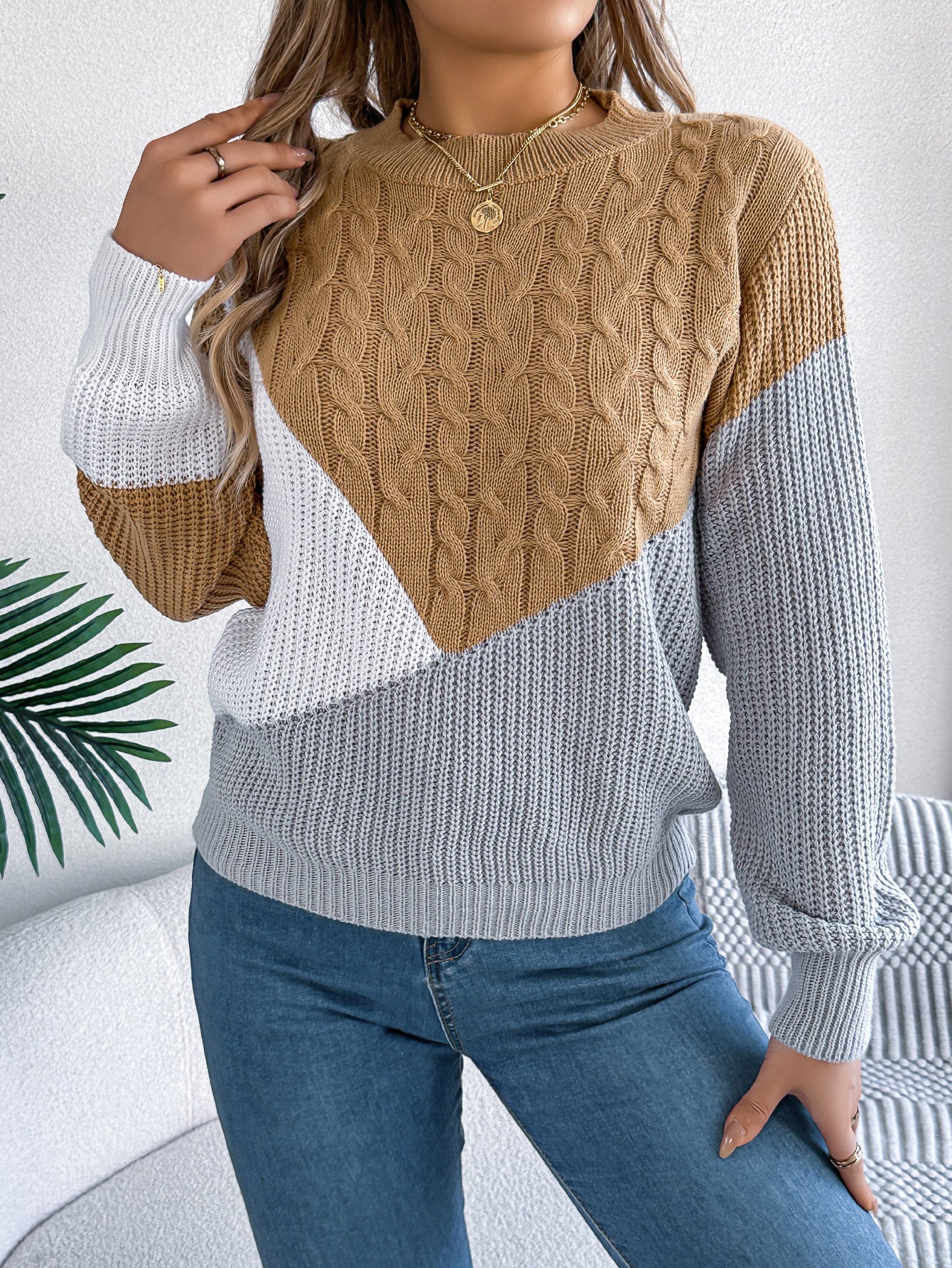 Women's Clearance Casual Contrast Color Twist Long Sleeve Sweaters