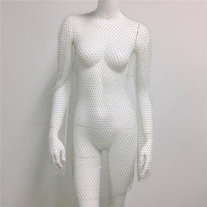 Women's Summer Fashion Diamond Round Neck Long Sleeve Fishnet Dresses