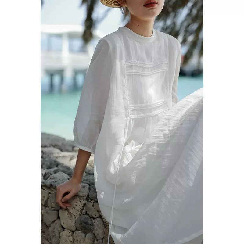Women's Cotton Linen Loose Big Hem White Dresses