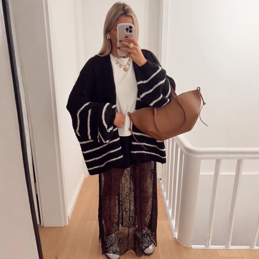 Women's Loose Contrast Color Striped Embroidery Knitted Sweaters