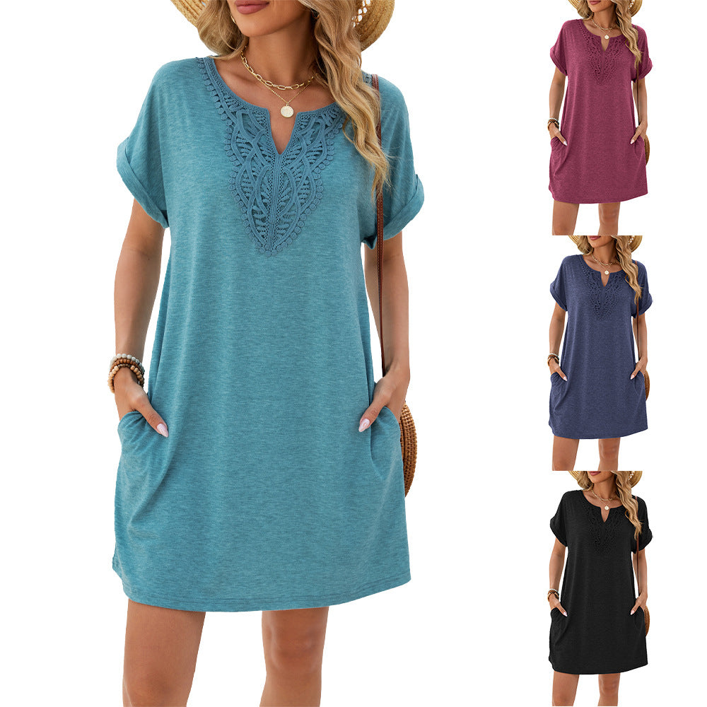 Solid Color Lace Loose Sleeve Pocket Dress