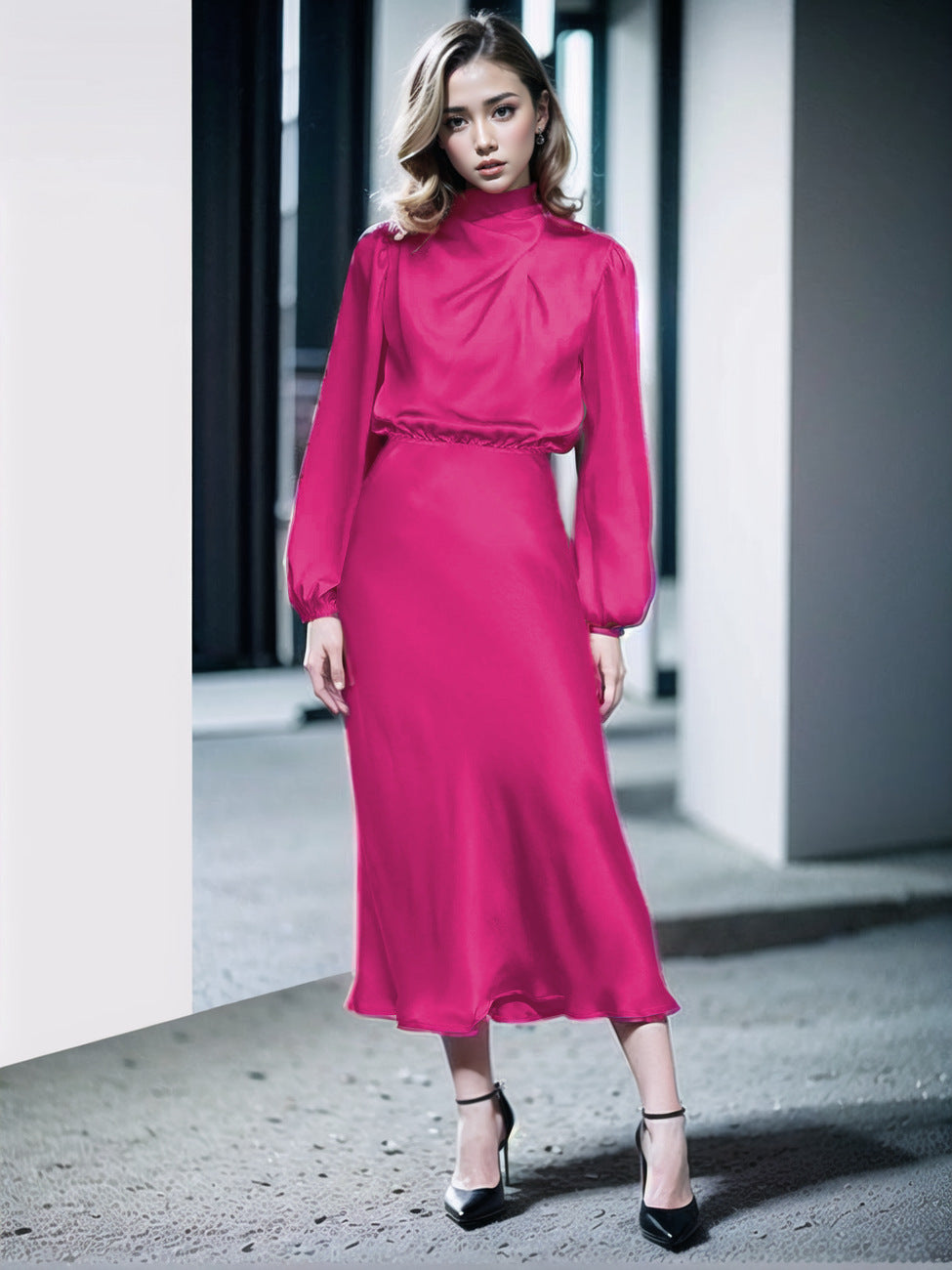 Women's Autumn High-grade Satin Long Sleeve Loose Dresses