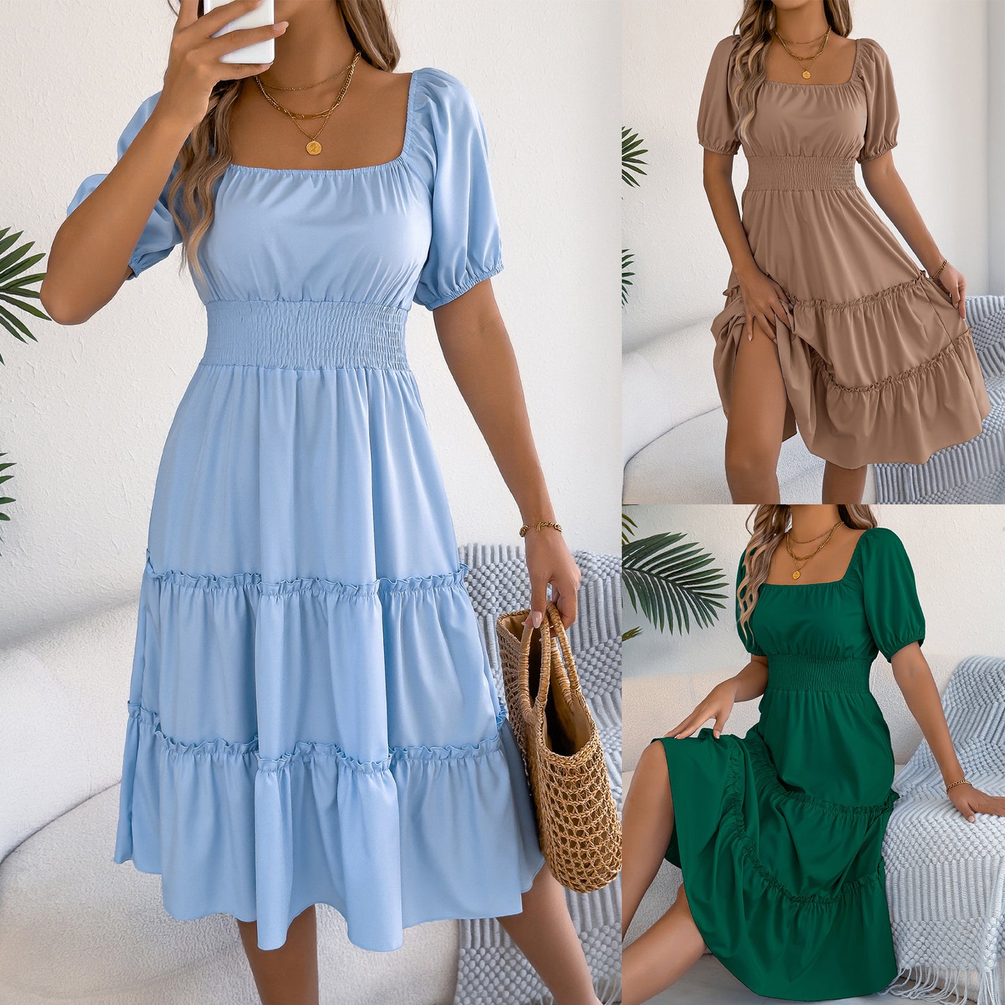 Women's Solid Color Square Collar Short-sleeved Wooden Dress