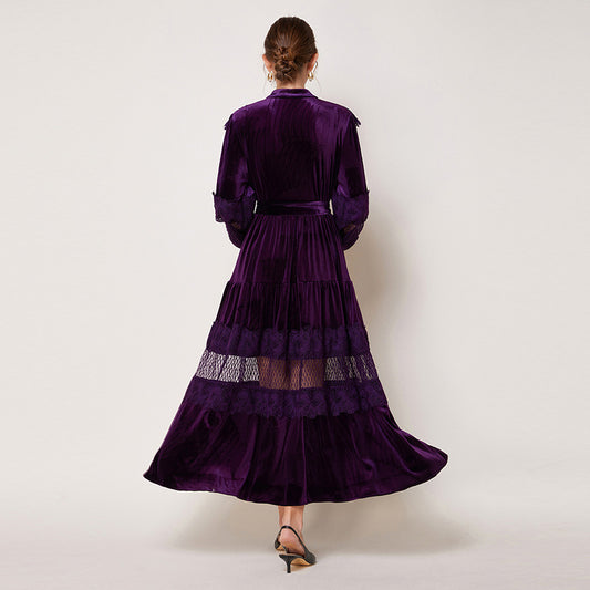 Women's Fashion Stand Collar Pearl Single-breasted Lace Stitching Dresses