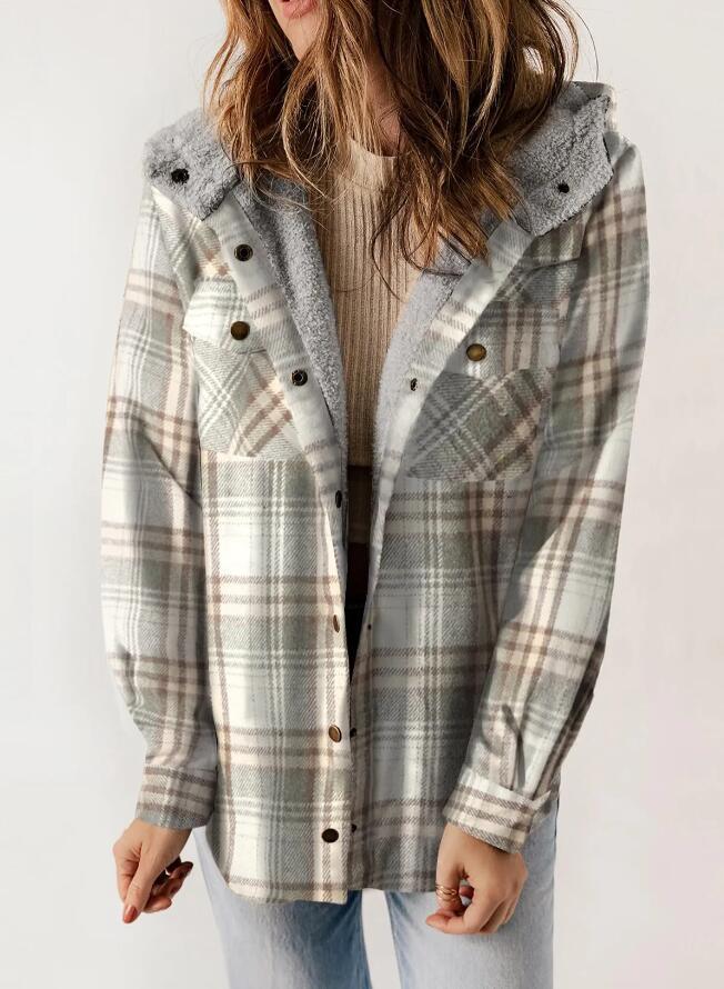 Women's Plaid Long Sleeve Furry Hooded With Coats