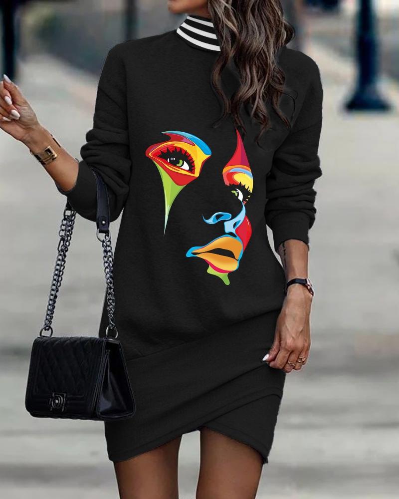 Women's Autumn Turtleneck Long Sleeve Printed Irregular Dress