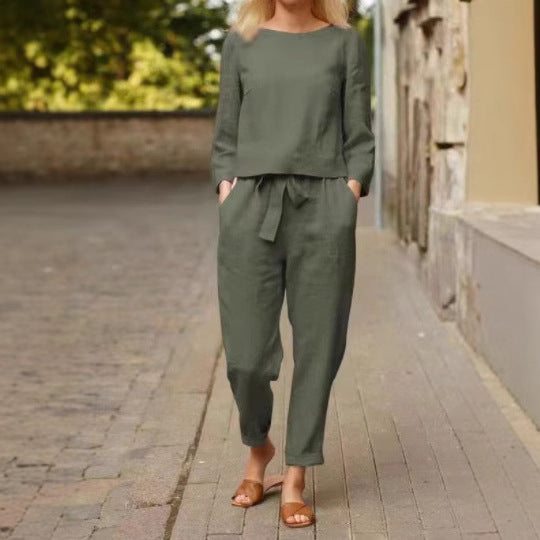 Women's Elastic Waistband Long-sleeved Trousers Solid Color Fashion Casual Suit