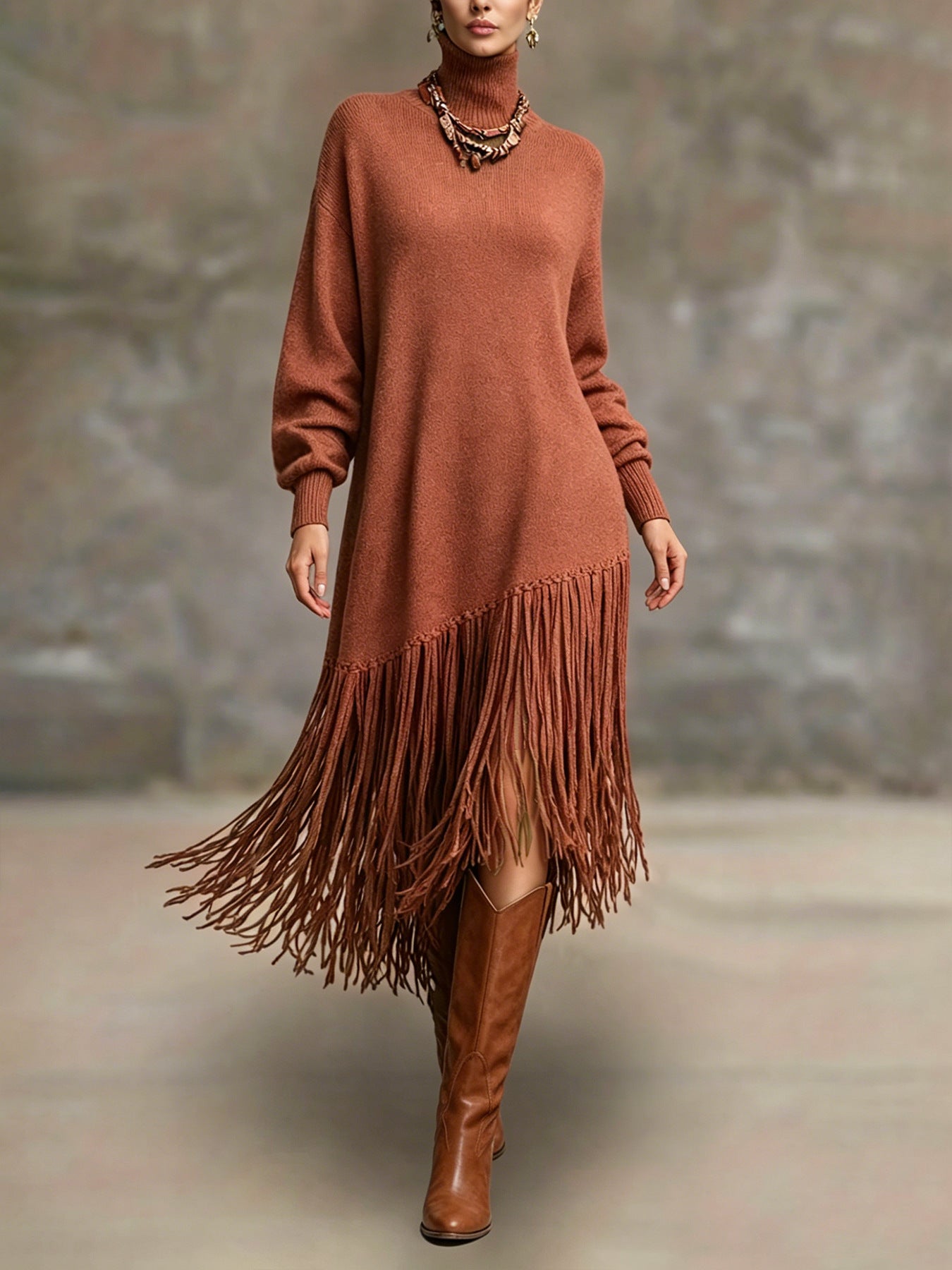 Women's Bohemian Long Fringe Design Solid Color Mature Dress
