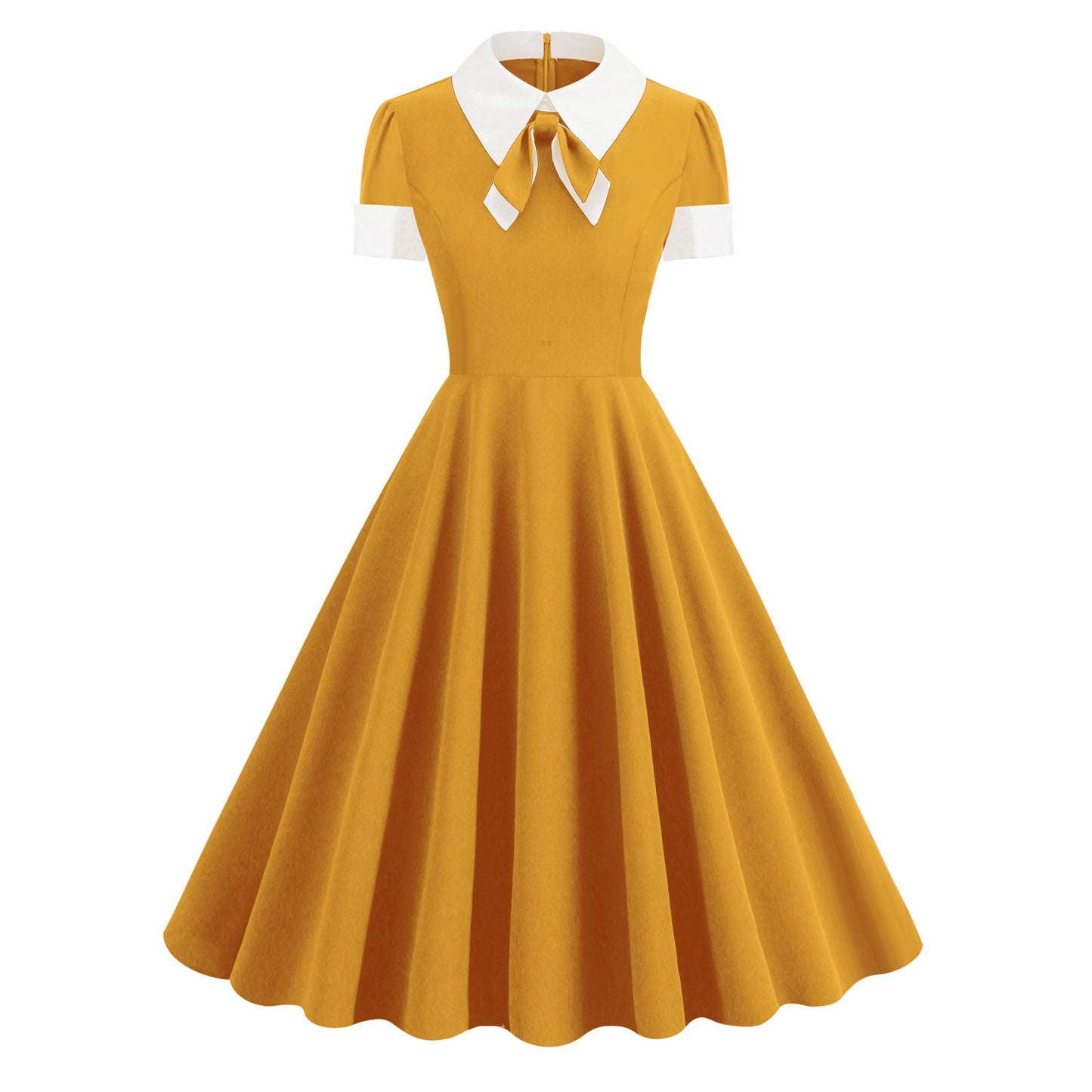 Collar Bow Contrast Color Sleeve Retro Dresses