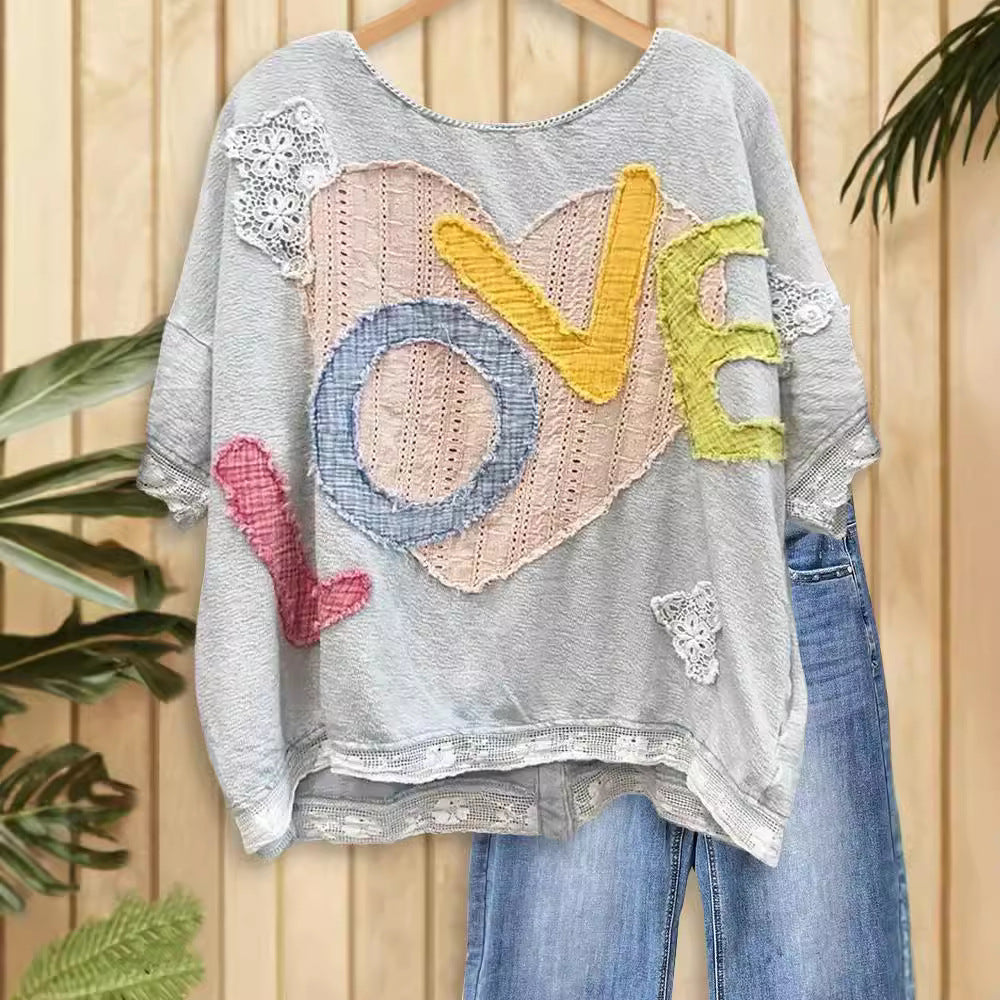 Letter Heart-shaped Lace Affixed Cloth Embroidered Tops