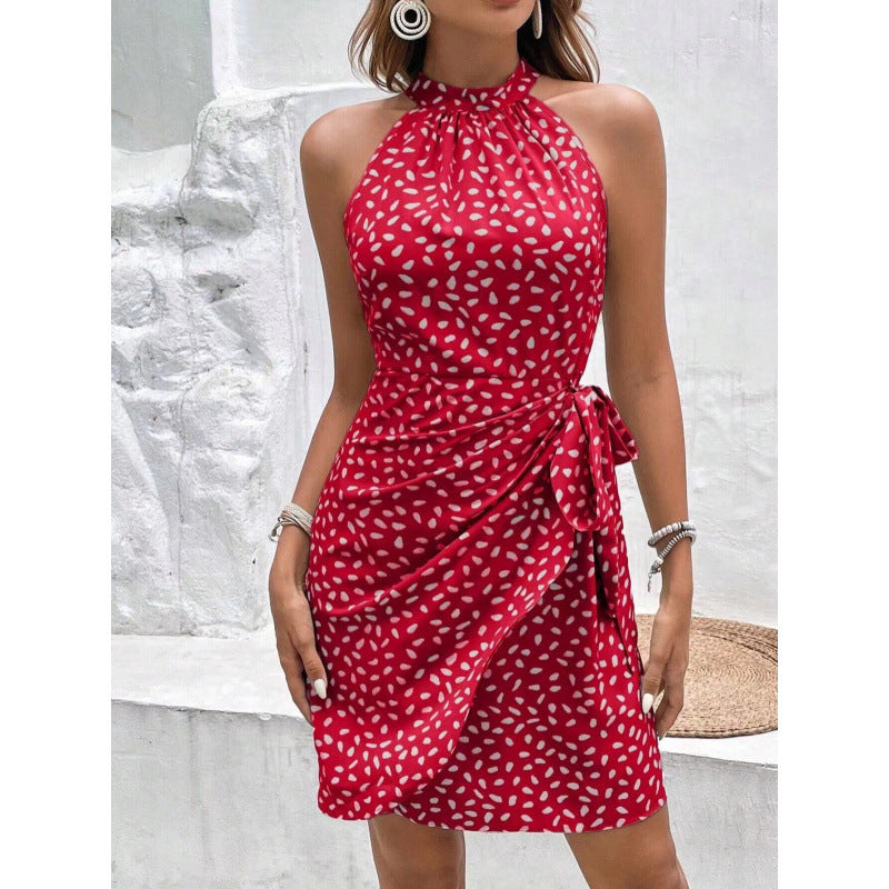Women's Summer Fashion Halter Zipper Sleeveless Floral Dress