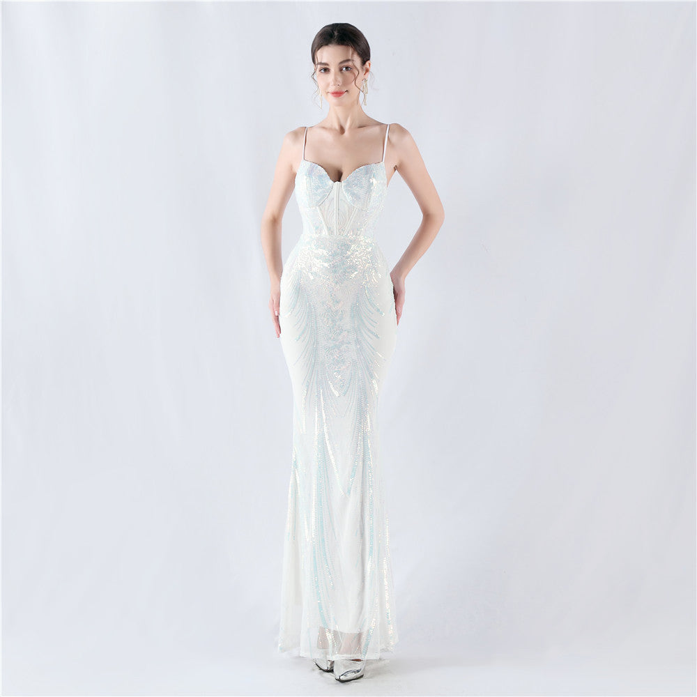 Shaping Waist Fishbone Sequined Positioning Flower Evening Dresses