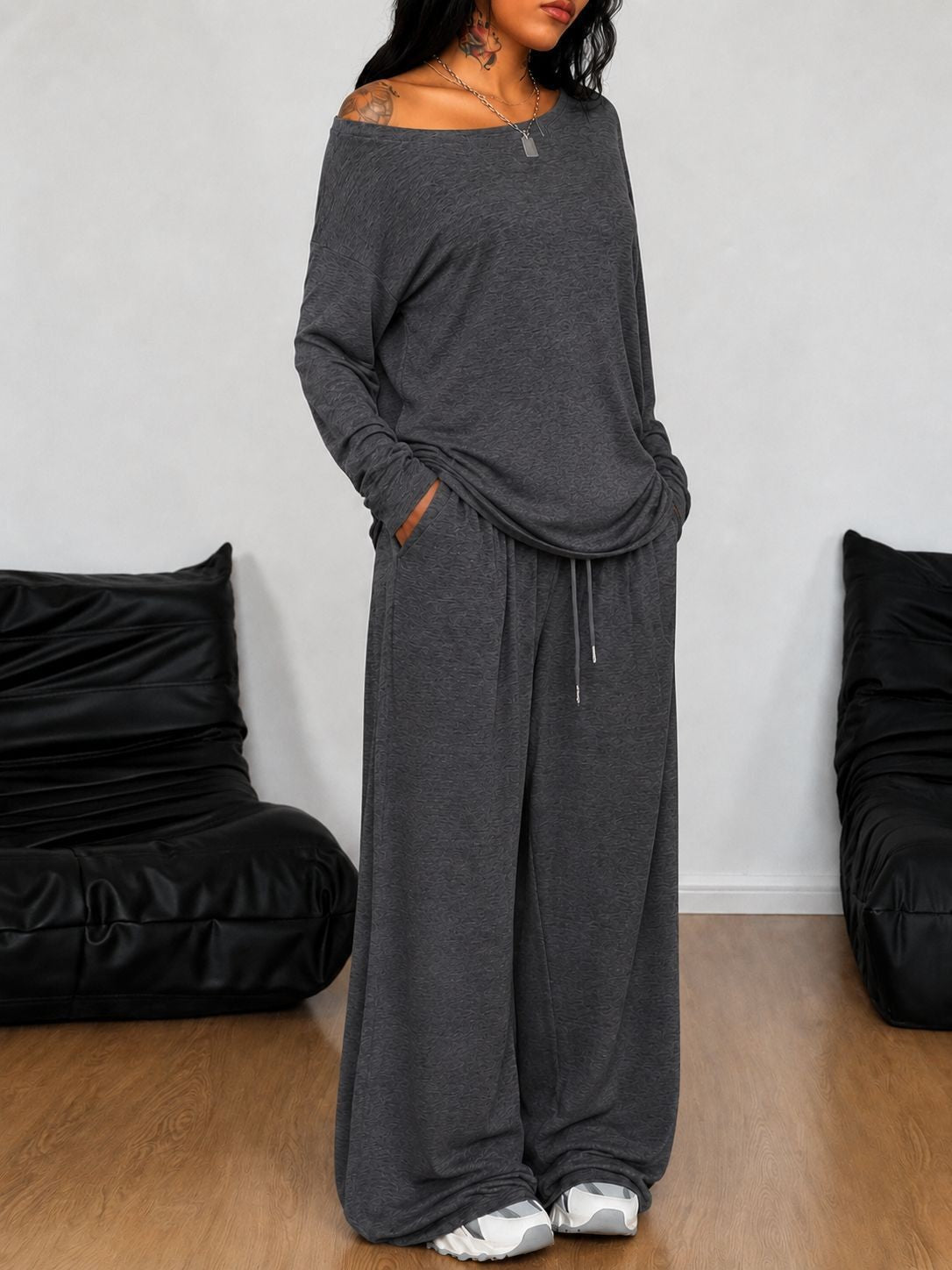 Women's Collar Wide Leg Solid Color Sports Two-piece Fashion Casual Suit