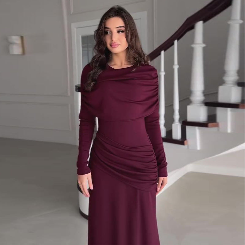 Women's Round Neck Design Pleated Waist Tight Dresses