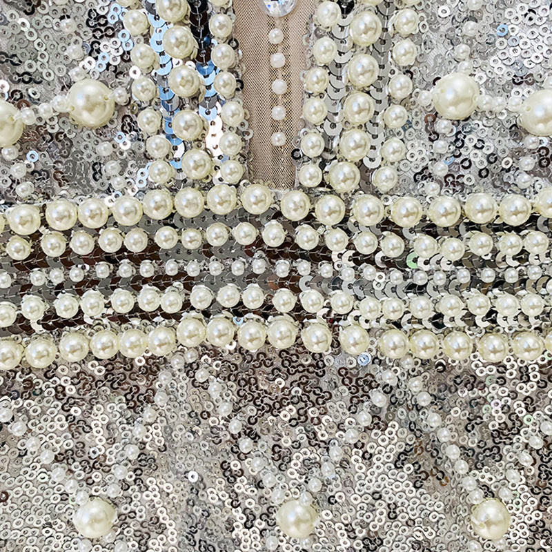 Fashion Pearl Beaded Sequins Long Sleeve Dresses