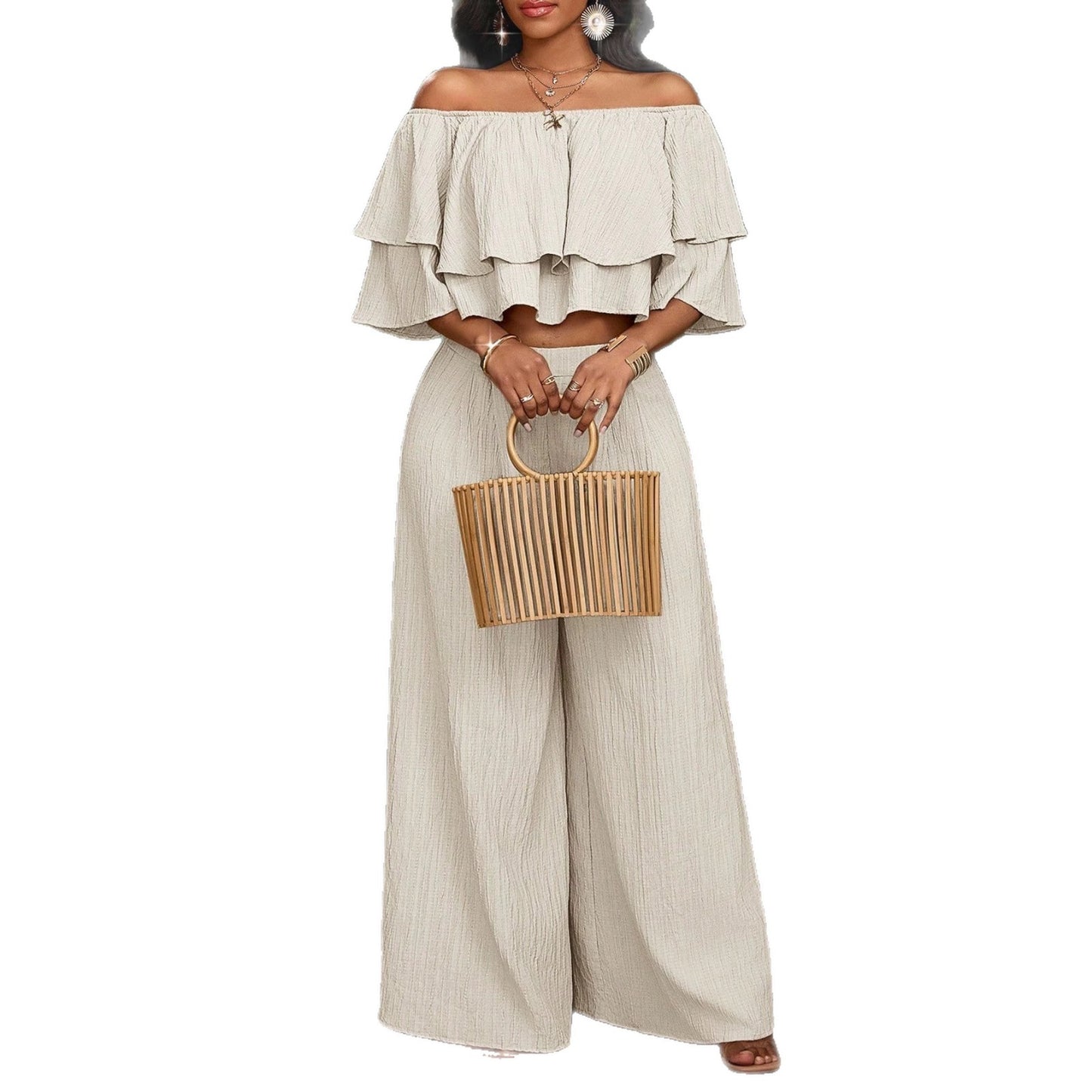Ruffled High Waist Wide Leg Two-piece Fashion Casual Suit