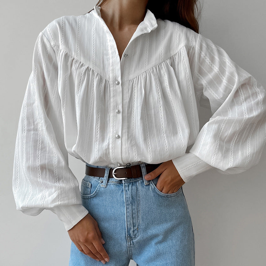 Women's Cotton Jacquard Stand Collar Shirt Loose Blouses