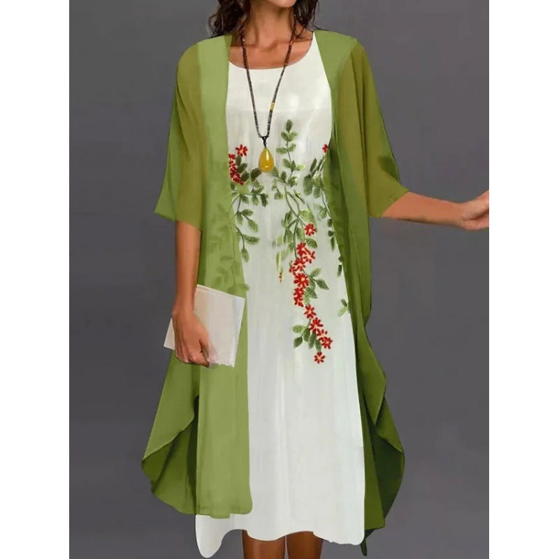 Women's Summer Casual Dress Two-piece Set Flowers Plants Printed Dresses