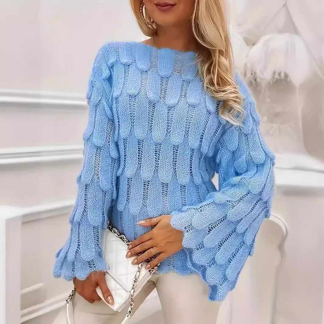 Women's Chic Feather Loose Pullover Fashionable Long Sleeve Hollow Sweater