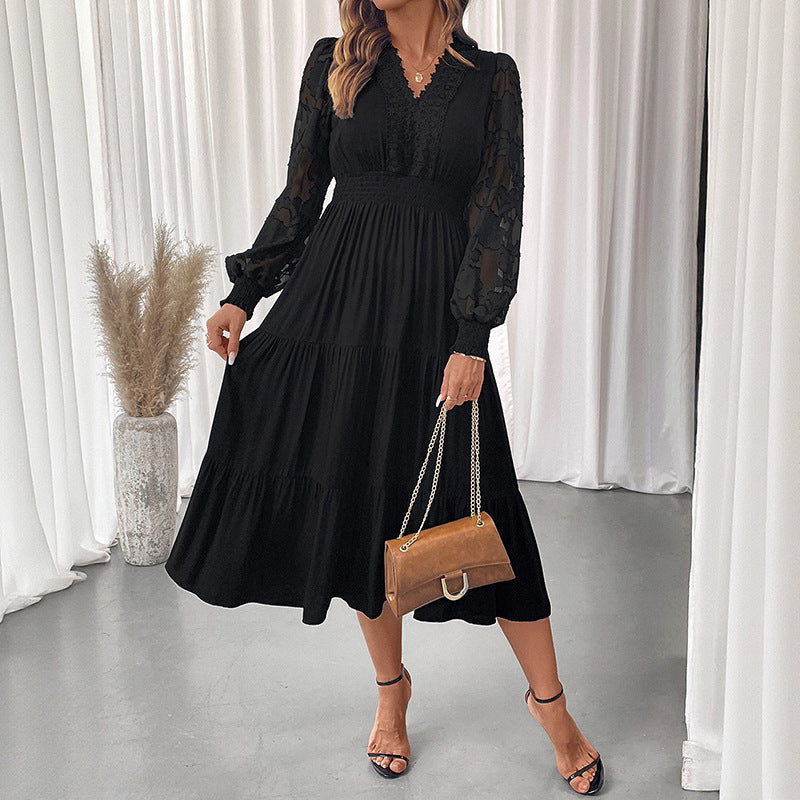 Women's Waist Lace Long Sleeve Solid Color Dresses
