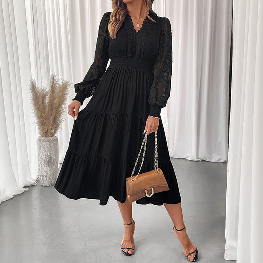 Women's Waist Lace Long Sleeve Solid Color Dresses