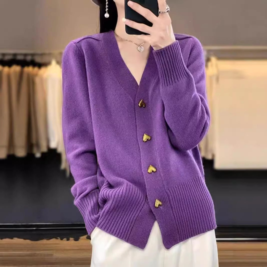 Women's Solid Color Simple Heart Buckle Outer Wear Sweaters